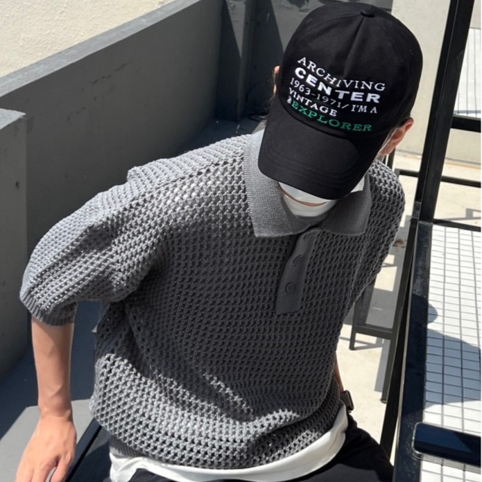 ✨2023新款✨韓國 簍空洞洞針織 短T POLO衫 嘻哈 潮流風 男女不拘 針織衣 透氣 網格衫 透視感-細節圖8