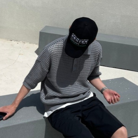 ✨2023新款✨韓國 簍空洞洞針織 短T POLO衫 嘻哈 潮流風 男女不拘 針織衣 透氣 網格衫 透視感-細節圖9