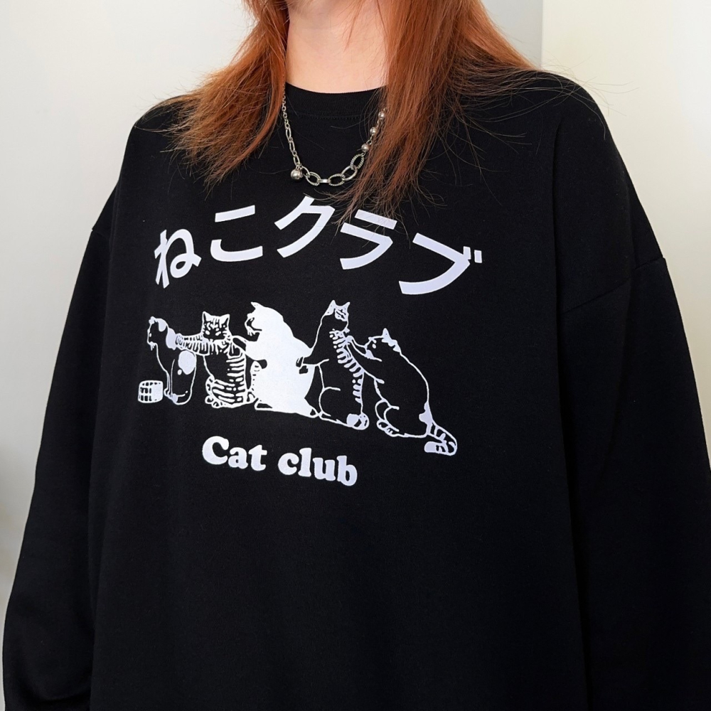 ✨2023秋冬新款✨韓版 日文按摩貓印花 大學T 厚磅 cat clob貓貓 男女不拘 情侶款 情侶大學T 長袖上衣-細節圖8