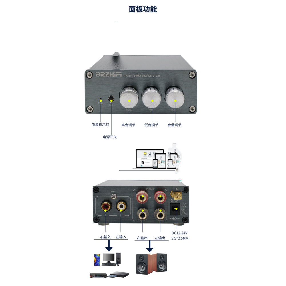 綜合 擴大機 D類 2聲道 現貨 3116d2x2晶片 100Wx2 金屬灰高低音調整-細節圖2