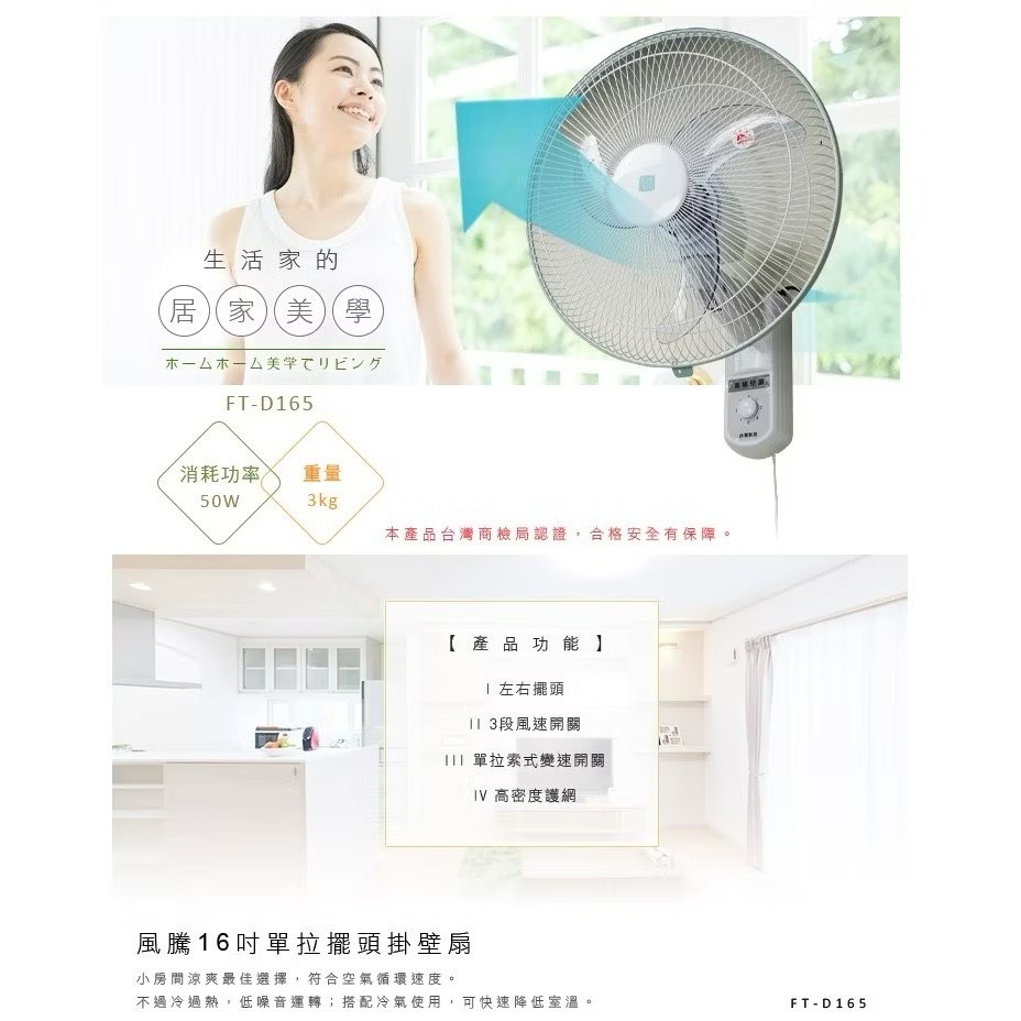 FT-D165 風騰16吋歐翼單拉壁扇 可左右擺頭-細節圖3