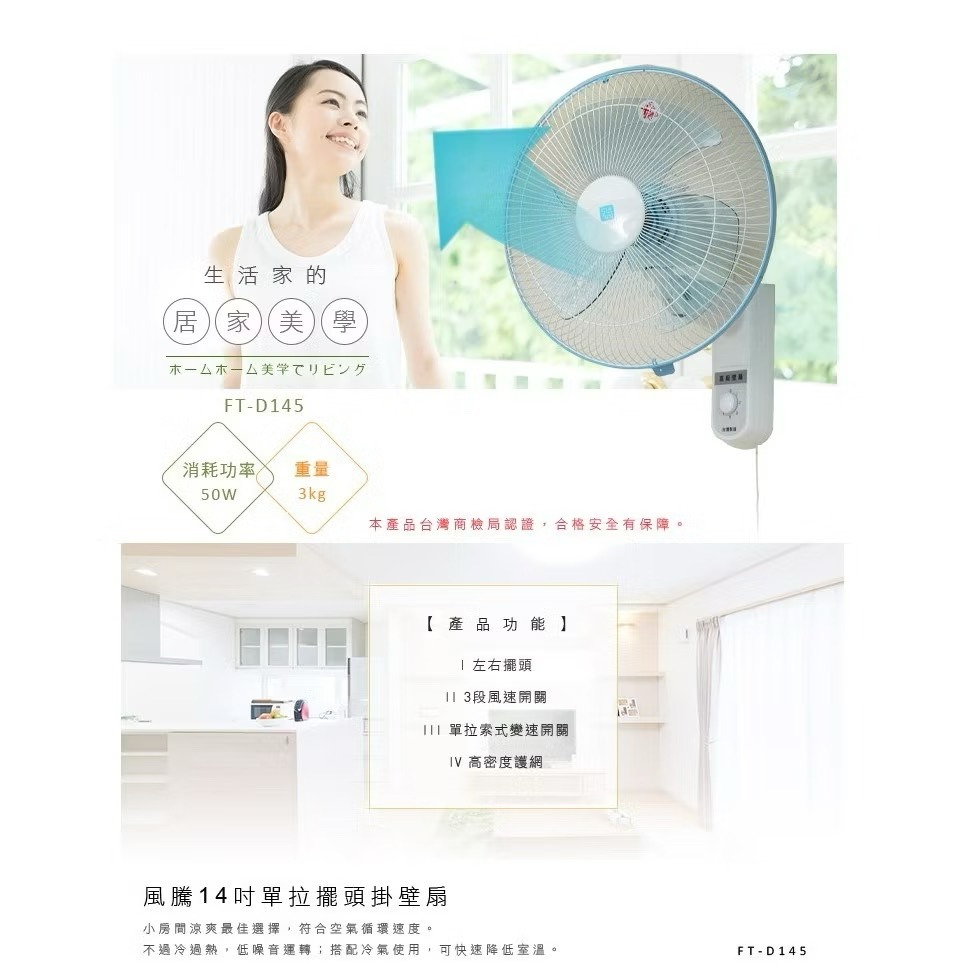 FT-D145 風騰14吋單拉壁扇 可左右擺頭 台灣製造-細節圖3