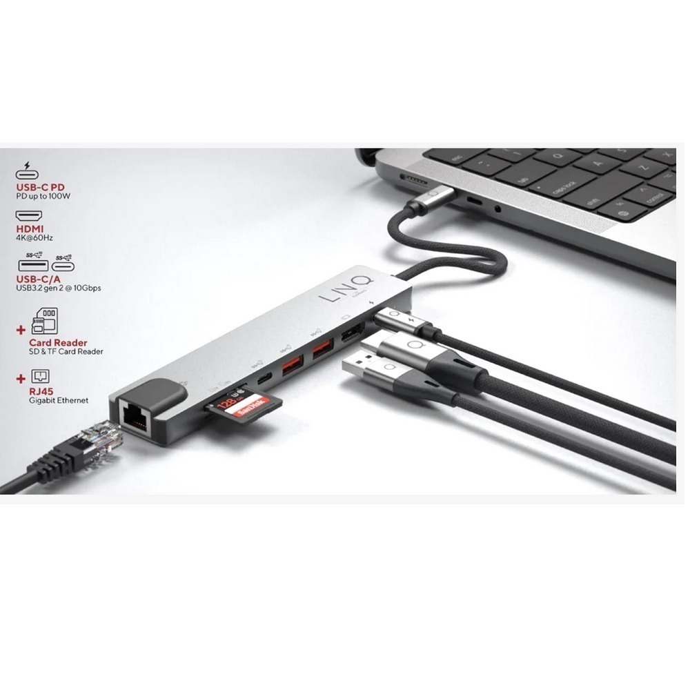 LINQ 8-in-1 集線器HUB_USB-C 10Gbps+PD100W快充+HDMI+RJ45網路孔+SD讀卡機-細節圖2