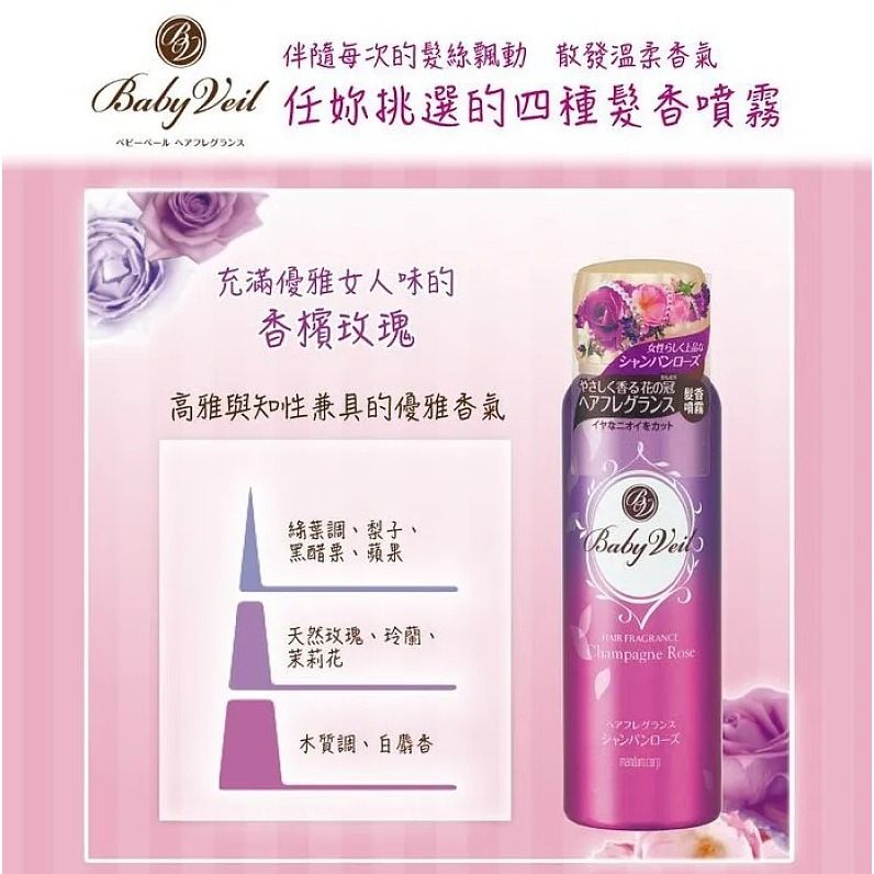 日本 Baby Veil 香氛寶貝 髮香噴霧 80g 清新水漾/甜蜜花香/花朵皂香/香檳玫瑰【DDBS】-細節圖5