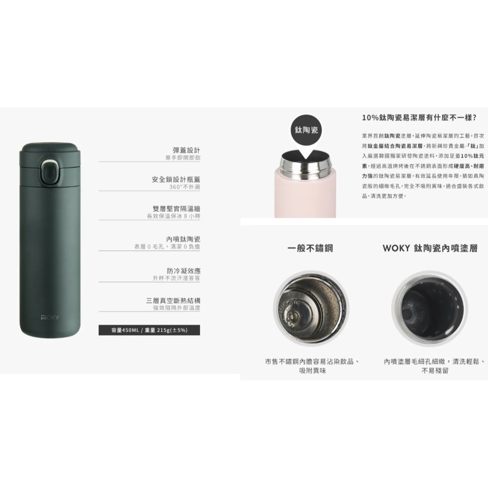 BOXMAN X WOKY輕量輕芯鈦瓷易潔層彈蓋保溫瓶 450ML-細節圖3