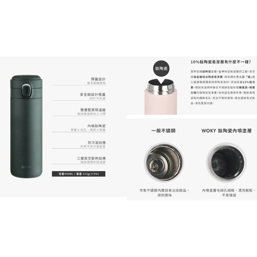全新 BOXMAN X WOKY輕量輕芯鈦瓷易潔層彈蓋保溫瓶 450ML-細節圖4