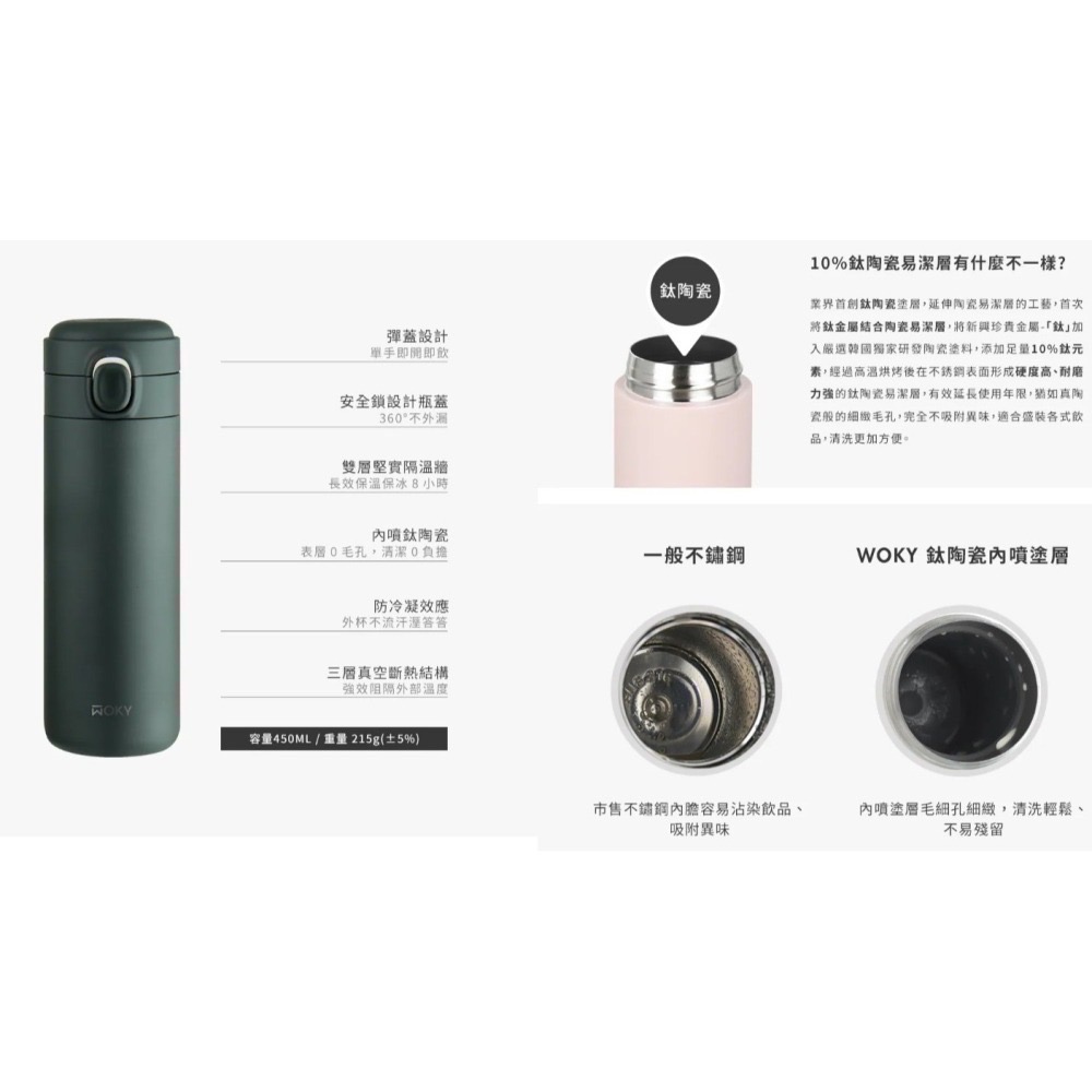 全新 BOXMAN X WOKY輕量輕芯鈦瓷易潔層彈蓋保溫瓶 450ML-細節圖5