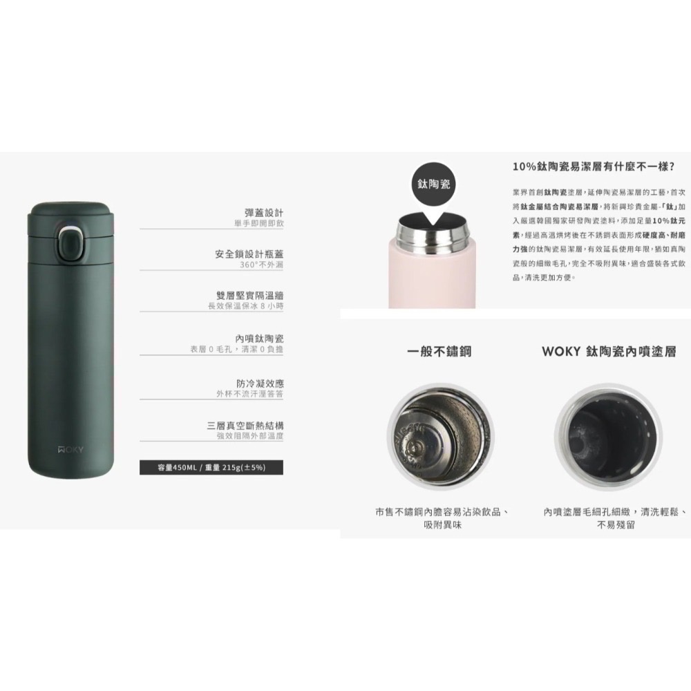 全新 BOXMAN X WOKY輕量輕芯鈦瓷易潔層彈蓋保溫瓶 450ML 正品-細節圖5
