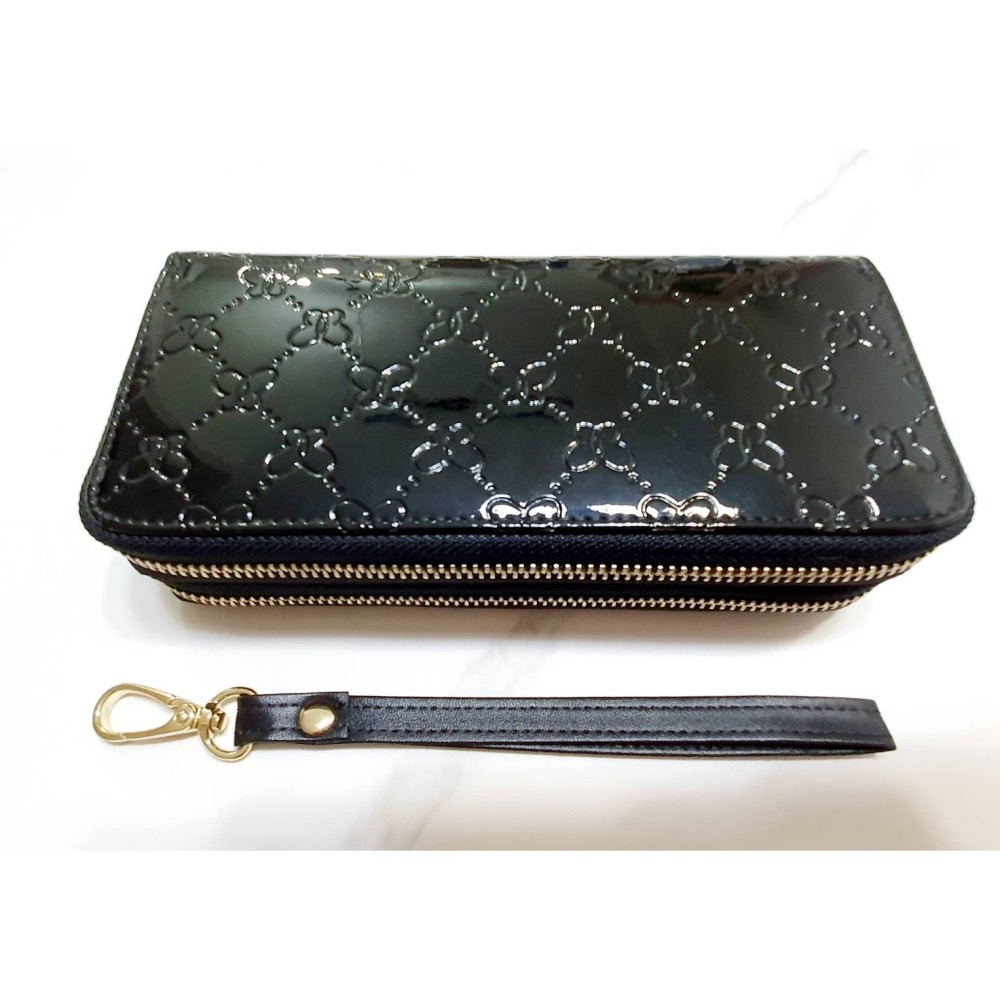 女款 黑色壓蝴蝶花 長皮夾 雙夾層 錢包 大容量 雙拉錬 手拿包 零錢包-細節圖3