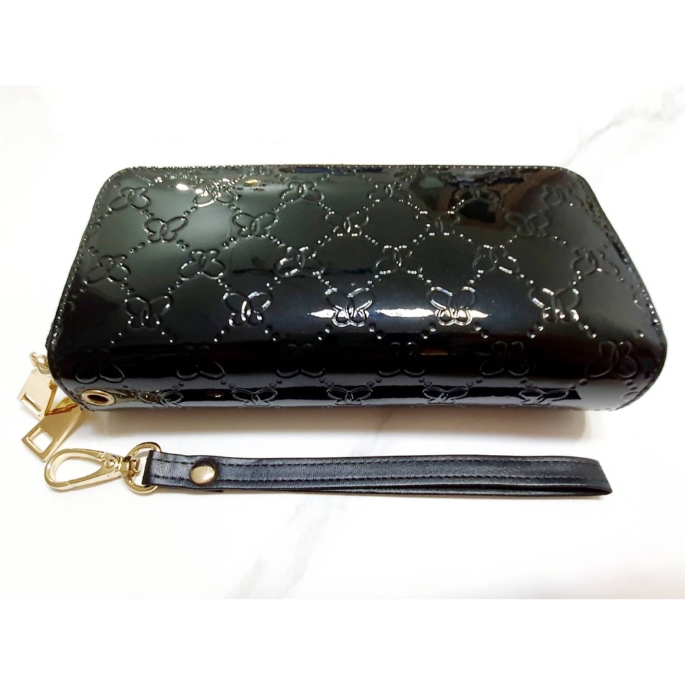 女款 黑色壓蝴蝶花 長皮夾 雙夾層 錢包 大容量 雙拉錬 手拿包 零錢包-細節圖4