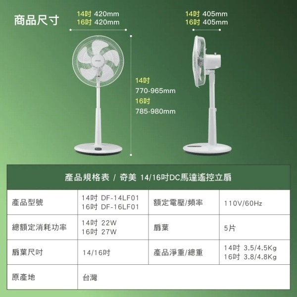 CHIMEI 奇美 16吋 DC遙控桌立扇 電風扇 台灣製(DF-16LF01)-細節圖2