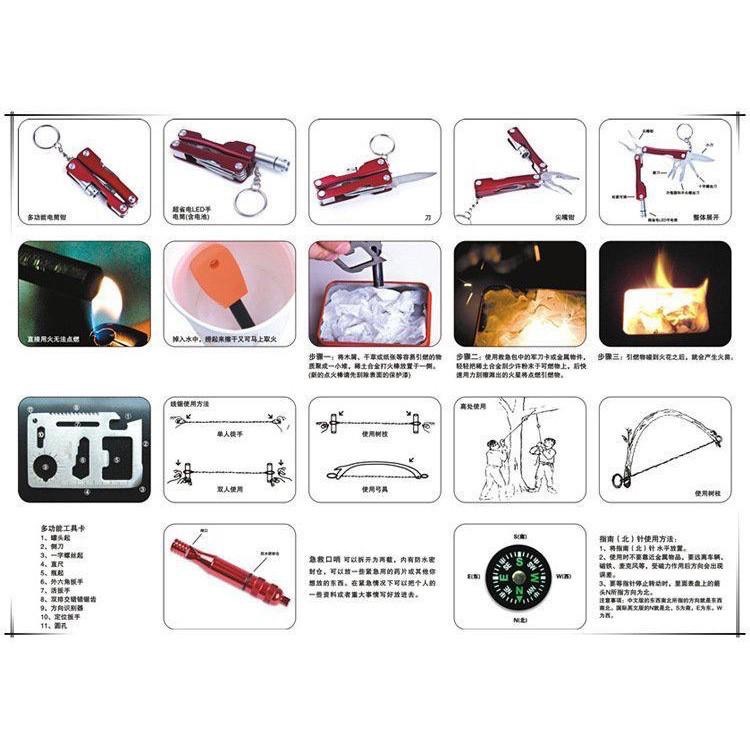 【新奇寶貝屋】SOS多功能求生急救盒 打火棒 口哨 工具卡 線鋸 手電筒 多用途刀鉗工具 指南(北)針 野外求生地震颱風-細節圖4