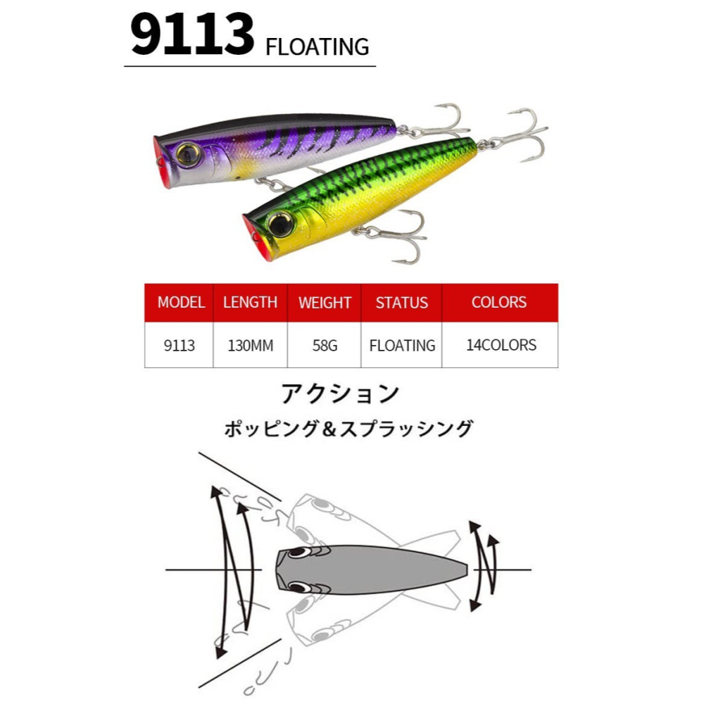 9113 130mm/58g 波趴 波爬 波啪 POPPER 浮水 遠投 硬餌 阿蔡路亞 台灣現貨-細節圖3