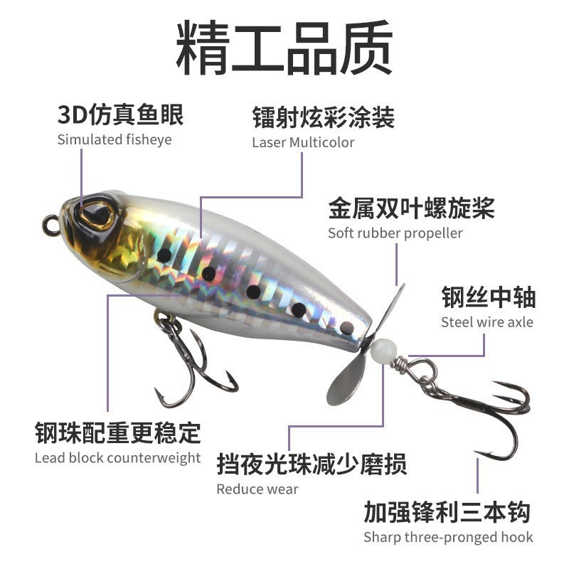 6cm 8g 拖拉機 螺旋漿鉛筆 黑格 捲仔 水面 阿蔡路亞 台灣現貨-細節圖3