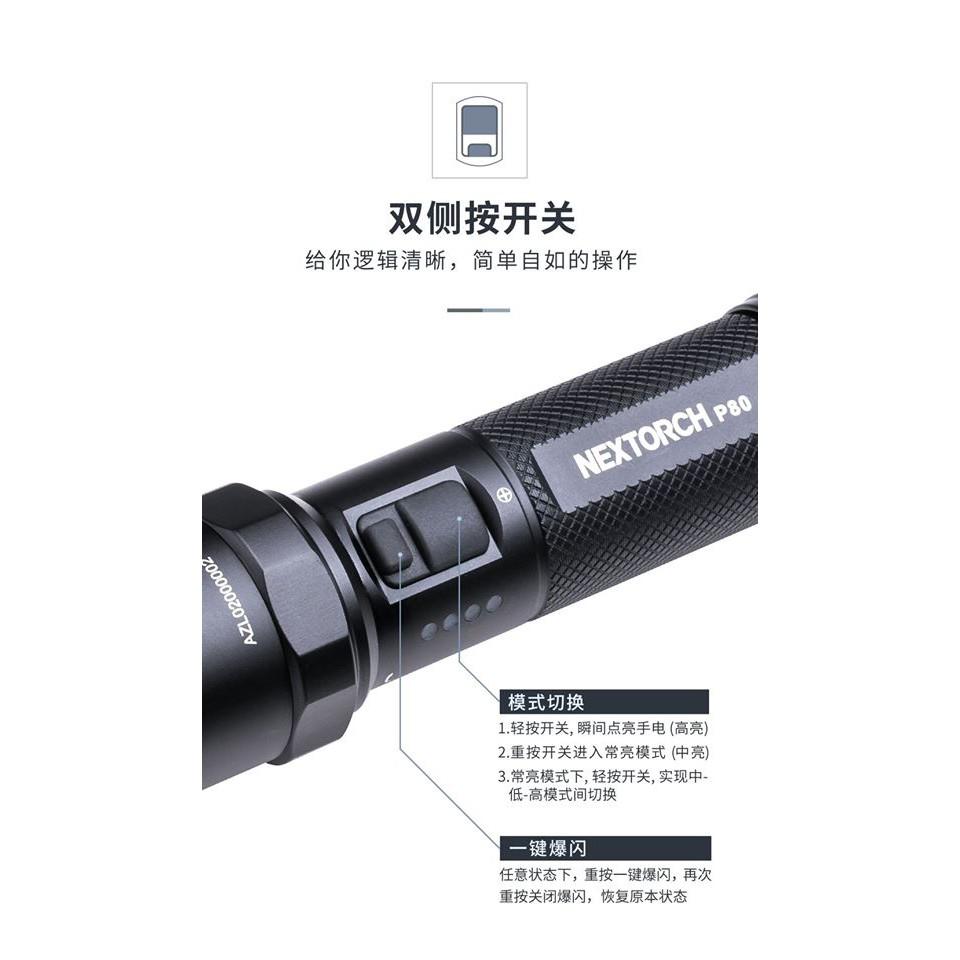 Nextroch P8L(P80)全能型高亮強光電筒~~Type-C充電╳1300流明╳擊破頭設計-細節圖2