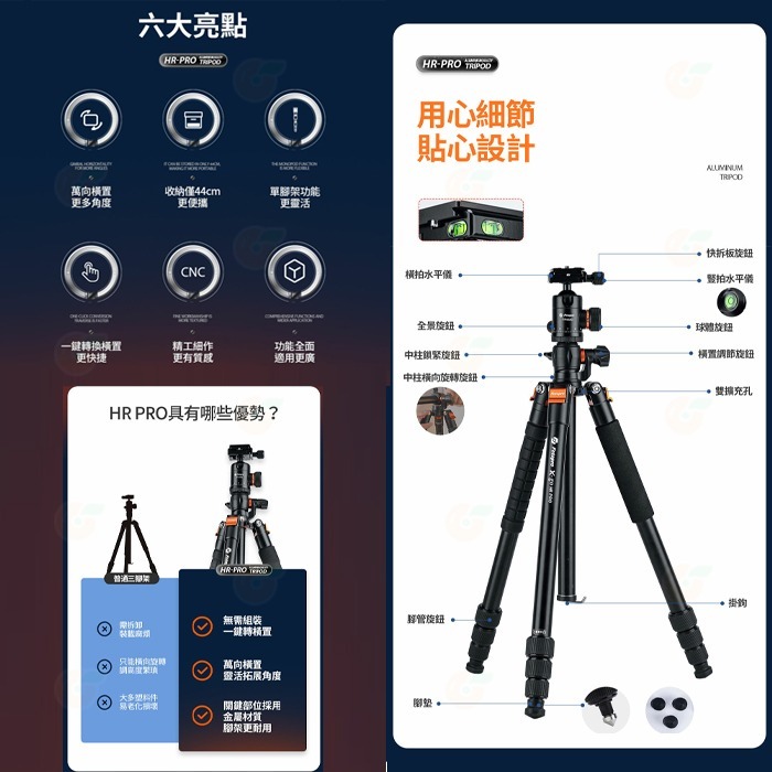 🔥 FOTOPRO X-GO HR PRO 中柱橫置三腳架 公司貨 單腳架 登山杖 低角度 俯拍 攝影 全景雲台-細節圖3