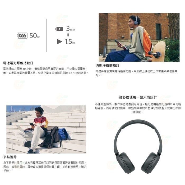 🔥 SONY WH-CH520 無線藍芽耳機 公司貨 耳罩式 高續航 免持通話 語音控制 TypeC 快充 視訊 會議-細節圖3