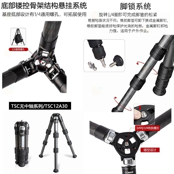 科漫 Coman TSC12A30 輕騎兵無中軸低重心 碳纖維三腳架 1號腳 公司貨 承重10kg 輕便 旅行用-細節圖8