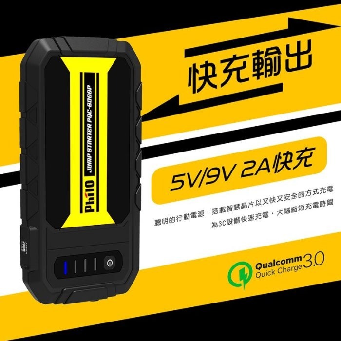 飛樂 Philo PQC-6000P 救車行動電源 QC 3.0 快充 行動電源 快出快入 9V2A 第三代智慧電瓶夾-細節圖3