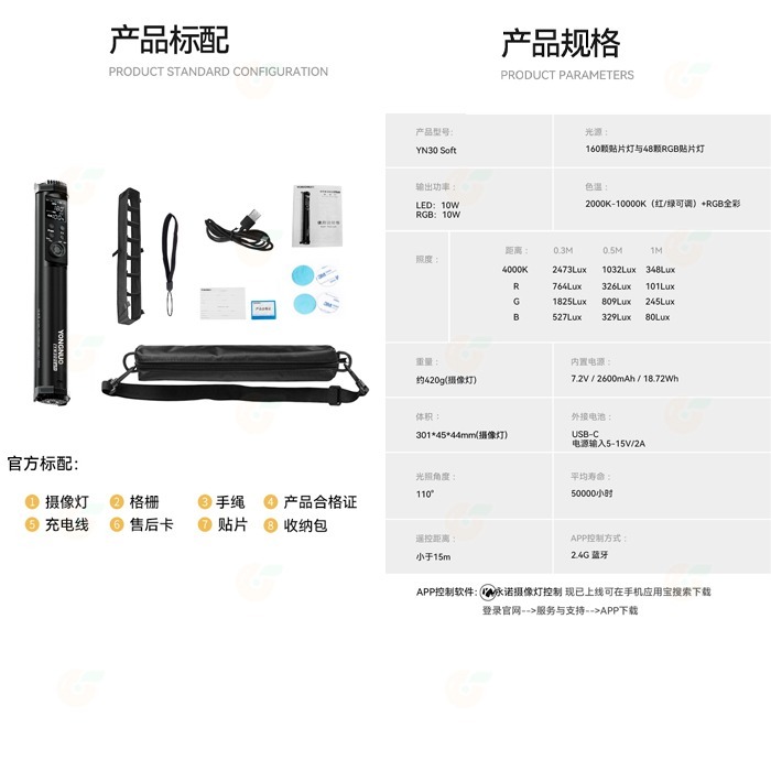 永諾 YONGNUO YN-30 SOFT RGB 光棒 公司貨 10W LED 補光燈 手持棒燈 特效燈 外拍 攝影-細節圖9