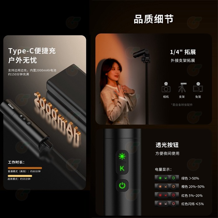 ⚡ 附柔光罩 Ulanzi LM07 5W 攝影手電筒 雙色溫 伸縮變焦 打光燈 人像攝影 效果光 補光燈 束光筒-細節圖6