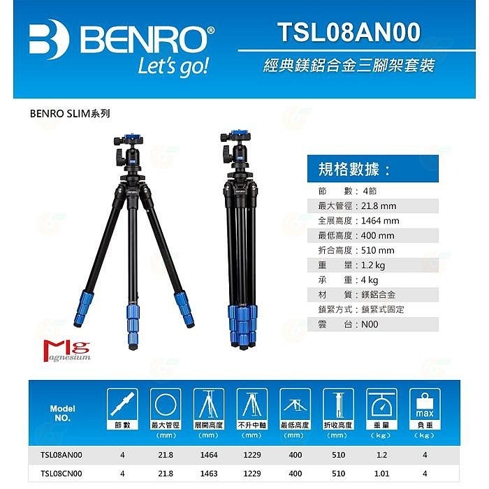 ⭐ 送原廠手機夾 百諾 BENRO TSL08AN00 經典鎂鋁合金三腳架套裝 公司貨 輕量 球形雲台 攝影 錄影-細節圖2