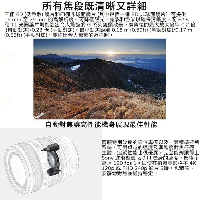 👍全新品出清特價 SONY SEL1625G FE 16-25mm F2.8 G 廣角變焦鏡頭 公司貨 全片幅-細節圖3