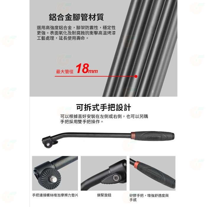 卡宴 Cayer BF10L 鋁合金 雙管 三腳架 H4 液壓雲台 3節 承重5KG 最大高度185cm 開年公司貨-細節圖5