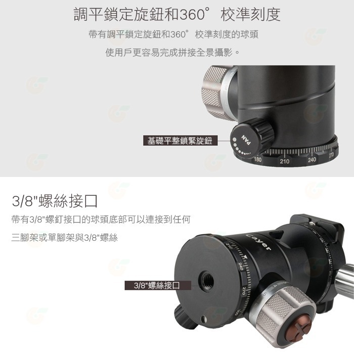 卡宴 Cayer X3 B3 G3 G1 低重心球形環景雲台 360刻度 40mm 大球體 鋁合金 專業球型雲台 公司貨-細節圖4