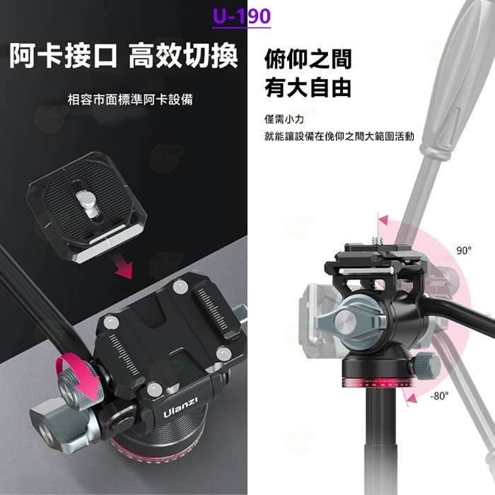 Ulanzi U190 II TT37 小型液壓雲台 半球碗座調平雲台 公司貨 可拆手柄 油壓雲台 橫豎拍 U-190-細節圖4