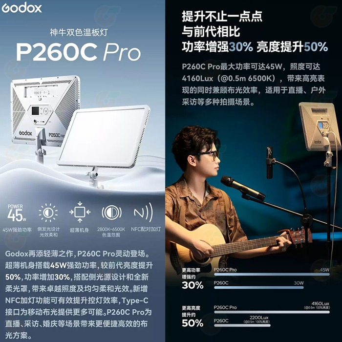 🌟神牛 Godox P260C Pro 平板柔光燈 公司貨 45W 可調色溫 直播 LED燈 補光燈 攝影燈 持續燈-細節圖2