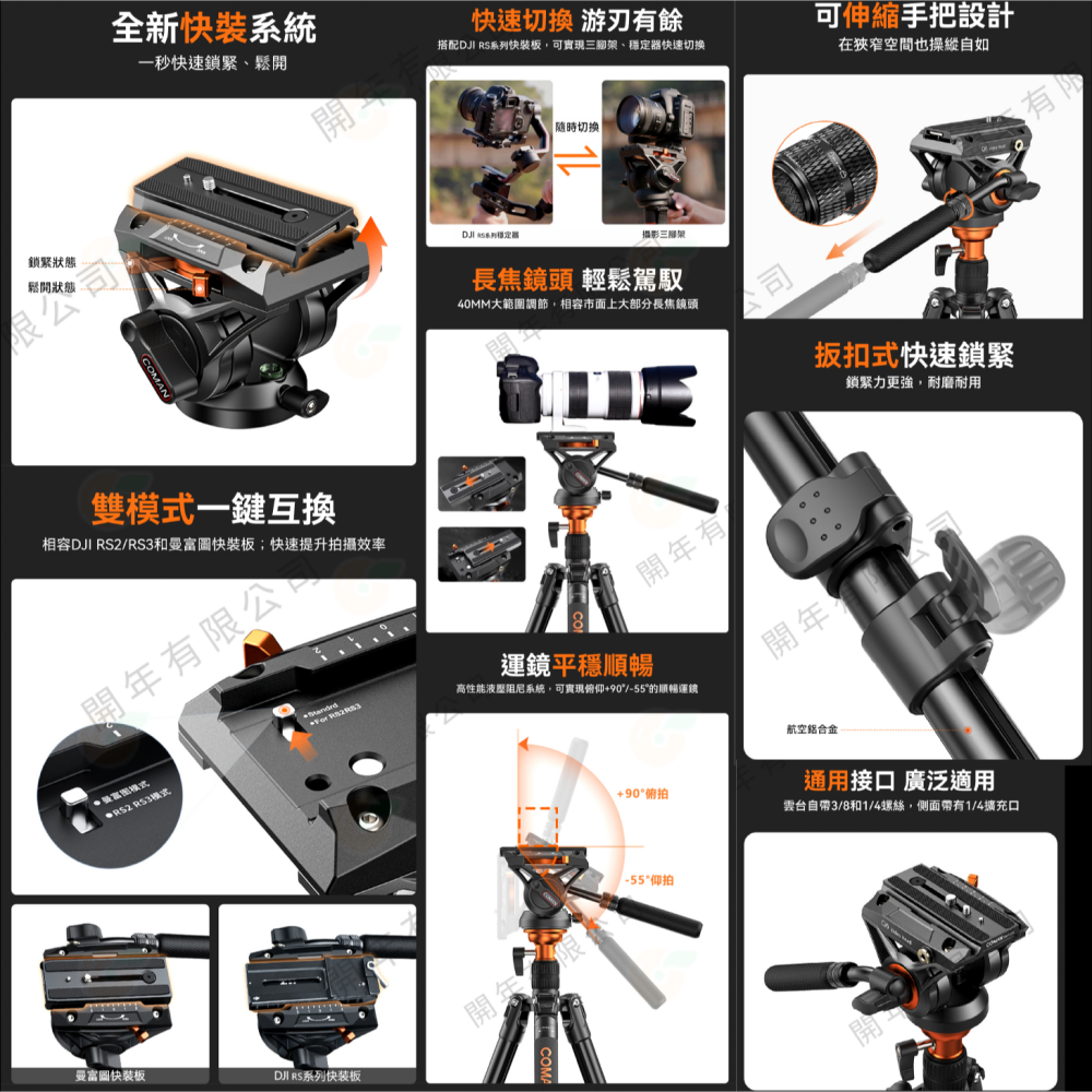 科漫 Coman FF06S DF06S 多功能三腳架 鋁合金 球碗動態 扳扣式鎖緊 公司貨 單腳架 附Q6油壓雲台-細節圖3