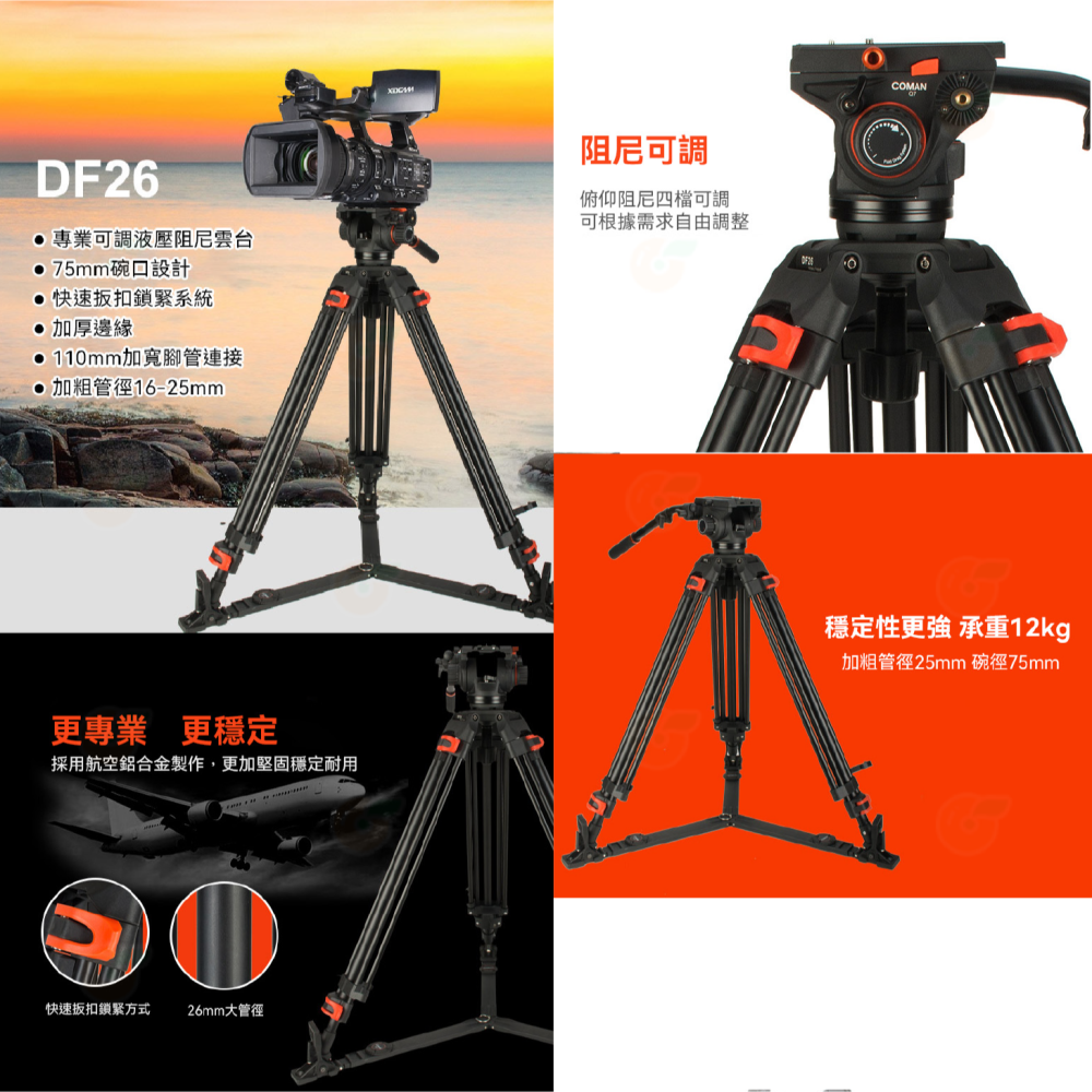 科漫 Coman DF26 Q7PLUS 高階錄影雙管三腳架 扳扣式鎖緊 承重12公斤 公司貨 球碗 附Q7油壓雲台-細節圖3