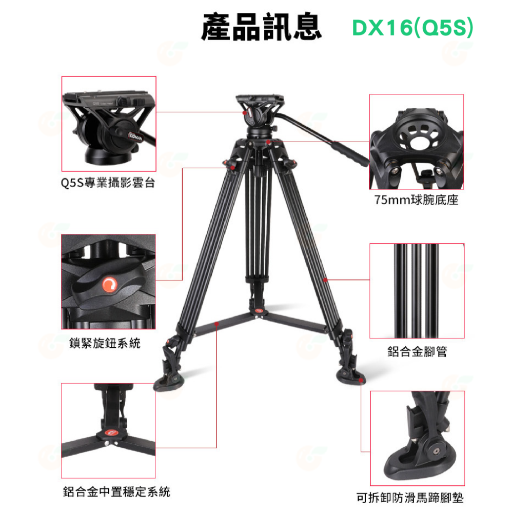 科漫 Coman DX16Q5S DX16LQ5S 鋁合金攝影雙管三腳架公司貨 承重8kg 球碗 旋鈕式 附Q5油壓雲台-細節圖5