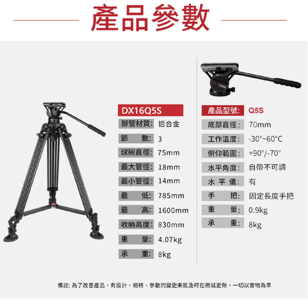 科漫 Coman DX16Q5S DX16LQ5S 鋁合金攝影雙管三腳架公司貨 承重8kg 球碗 旋鈕式 附Q5油壓雲台-細節圖6