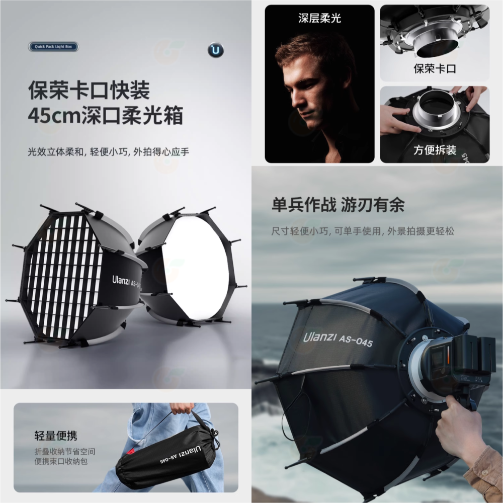 含網格 Ulanzi AS045 45cm 快裝柔光罩 公司貨 八角 深口 深拋 保榮卡口 輕巧 柔光箱 攝影燈用-細節圖2