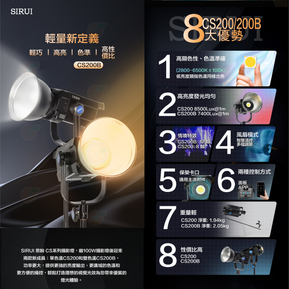 附反光罩 思銳 SIRUI CS100B CS200B 雙色溫 LED攝影燈 公司貨 保榮卡口 多角度 持續燈 棚燈-細節圖7