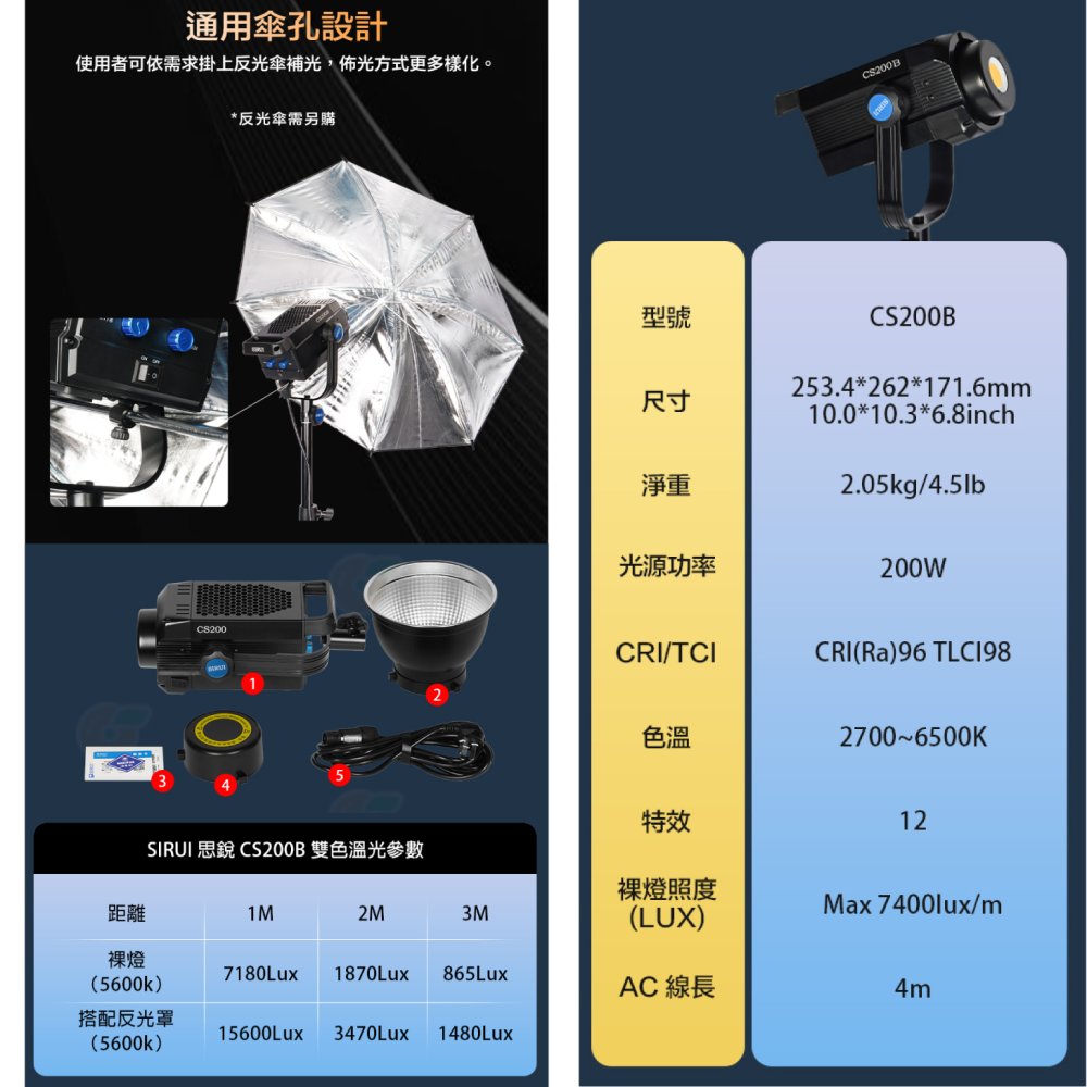 附反光罩 思銳 SIRUI CS100B CS200B 雙色溫 LED攝影燈 公司貨 保榮卡口 多角度 持續燈 棚燈-細節圖8