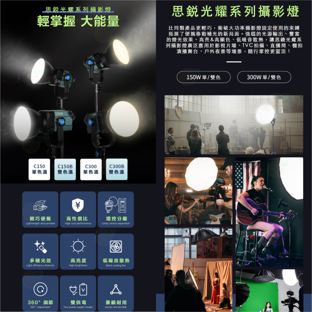 附反光罩 思銳 SIRUI C150B C300B 雙色溫 LED攝影燈 公司貨 多燈連控 12種燈效 保榮口 持續燈-細節圖2