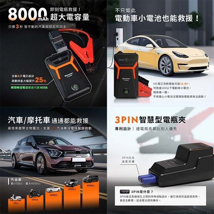 Philo Discover AH-8000SP 救車行動電源 標準版汽車用 汽機車二用版 公司貨 8000mAh-細節圖4