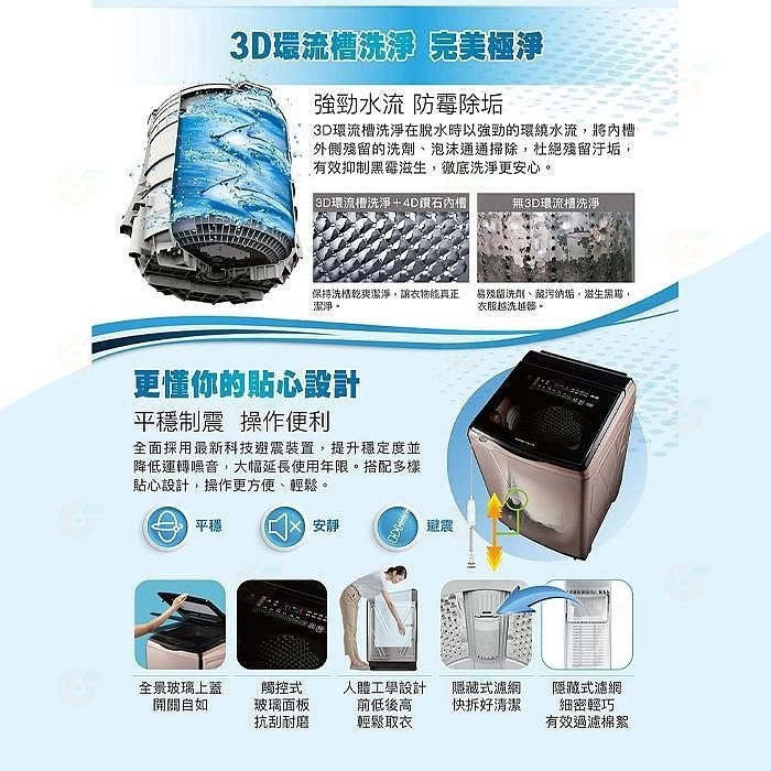 送好禮 含拆箱定位+舊機回收 台灣三洋 SANLUX SW-V19SA 單槽洗衣機 18kg 公司貨 DD直流變頻超音波-細節圖6