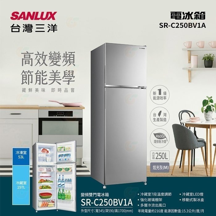 送好禮 含拆箱定位+舊機回收 台灣三洋 SANLUX SR-C250BV1A 變頻雙門 電冰箱 250L 公司貨 省電-細節圖2