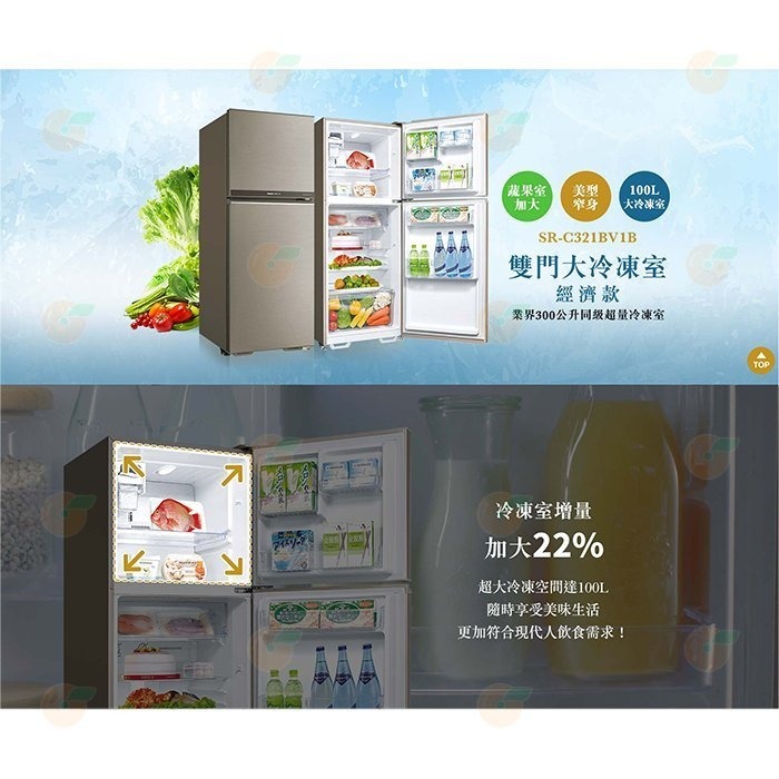 送好禮 含拆箱定位+舊機回收 台灣三洋 SANLUX SR-C321BV1B 雙門 電冰箱 321L 公司貨 能效1級-細節圖2