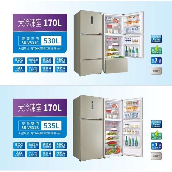 送好禮 含拆箱定位+舊機回收 台灣三洋 SANLUX SR-V531B 變頻雙門電冰箱 535L 一級能效 加大冷凍室-細節圖4