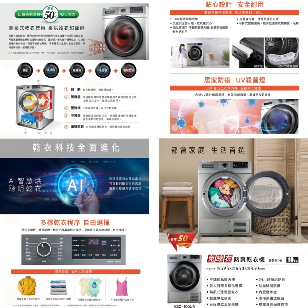 含拆箱定位 台灣三洋 SANLUX ASD-100UA 定頻 滾筒 烘衣機 10kg 乾衣 熱泵式 除濕型乾衣機 公司貨-細節圖5