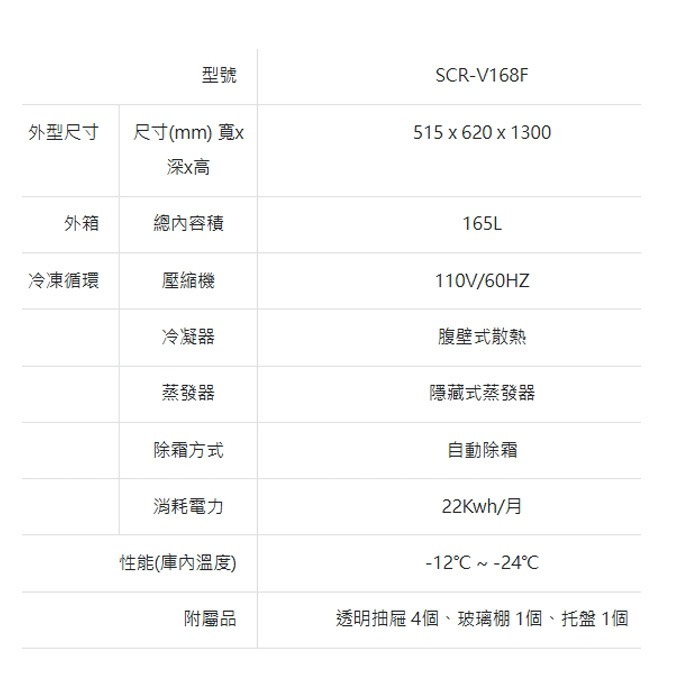 送好禮 含拆箱定位+舊機回收 台灣三洋 SANLUX SCR-V168F 直立無霜冷凍櫃 165L 變頻 采晶強化玻璃-細節圖7