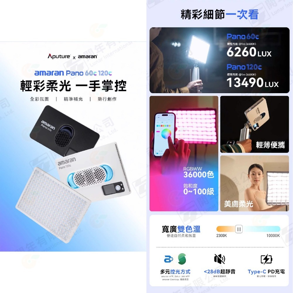 愛圖仕 Aputure amaran Pano 60c 120C 全彩柔光平板燈 套裝 kit 公司貨 RGB 持續燈-細節圖2