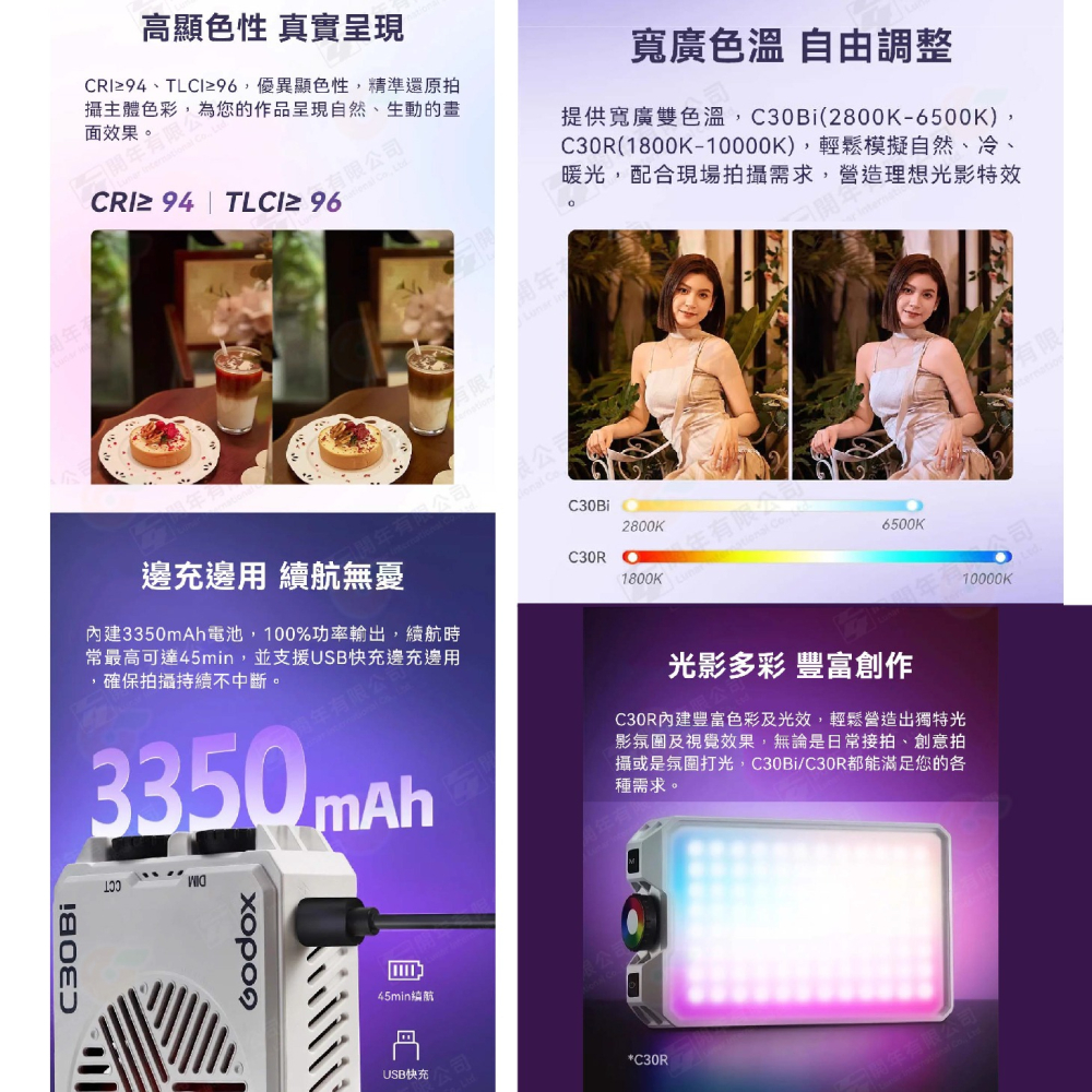 🎆 神牛 Godox Litemons C30Bi C30R LED攝影平板燈 雙色溫 RGB 口袋燈 補光燈 直播燈-細節圖3