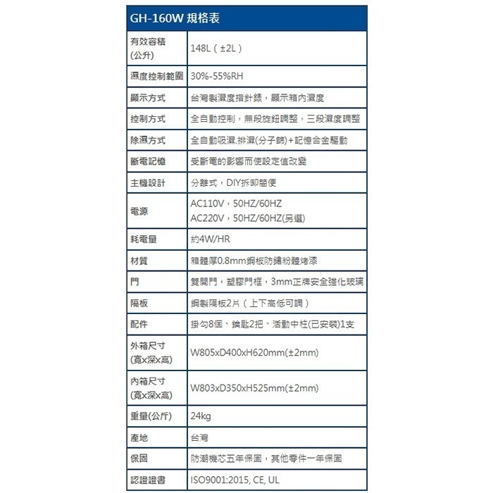 寶藏閣 PATRON GH-160W 指針式電子 中型 防潮箱 148公升 5年保固 雙開門 鋼製隔板 台灣製-細節圖9