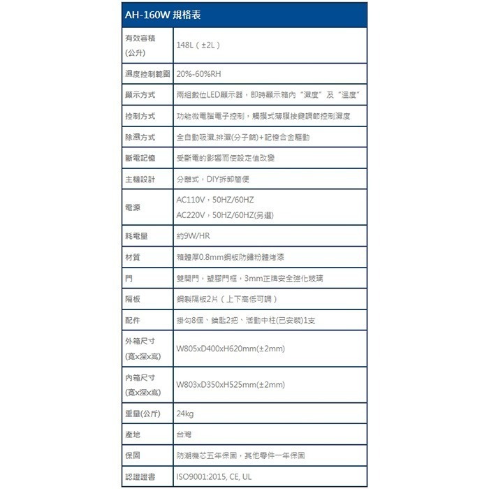 寶藏閣 PATRON AH-160W LED 數字顯示 中型電子防潮箱 148L 雙門 5年保固 相機 台灣製-細節圖9